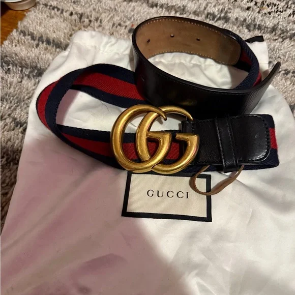 Gucci Women\'s Belt with Red and Navy Stripes and Gold Buckle Gucci Navy Blue/Red Leather and Web Stripe Buckle Belt 85CM  main image 4